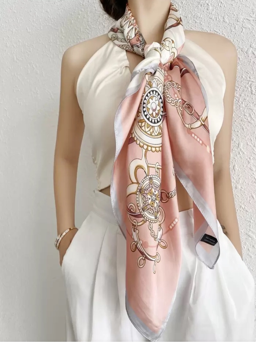 Elegant Pink Chain-Print Silk Scarf - Women’s Accessories 35”